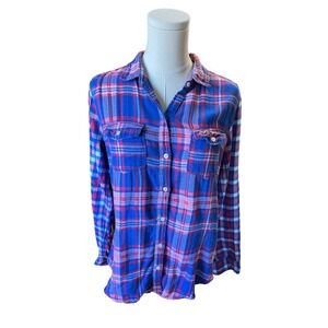 Hollister Button Down Shirt Plaid Red Blue White Juniors Medium 100% Cotton